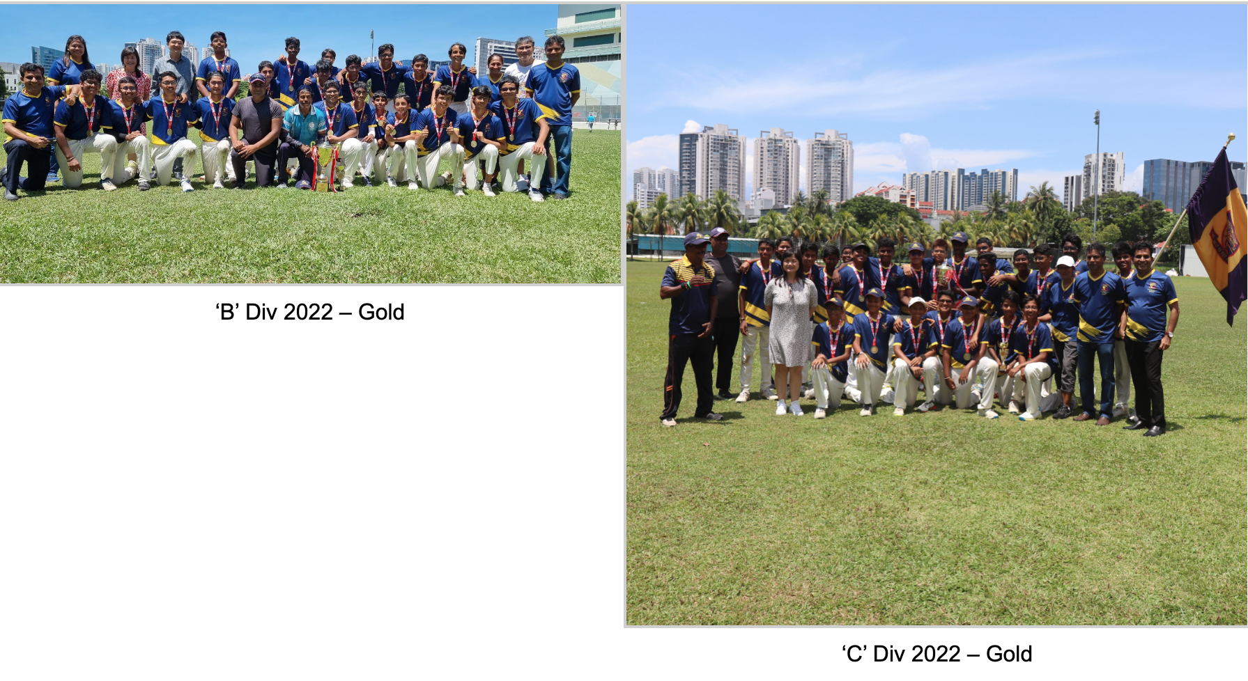 Two group photos of youth cricket teams in blue uniforms celebrating 2022 Gold wins on a grass field.